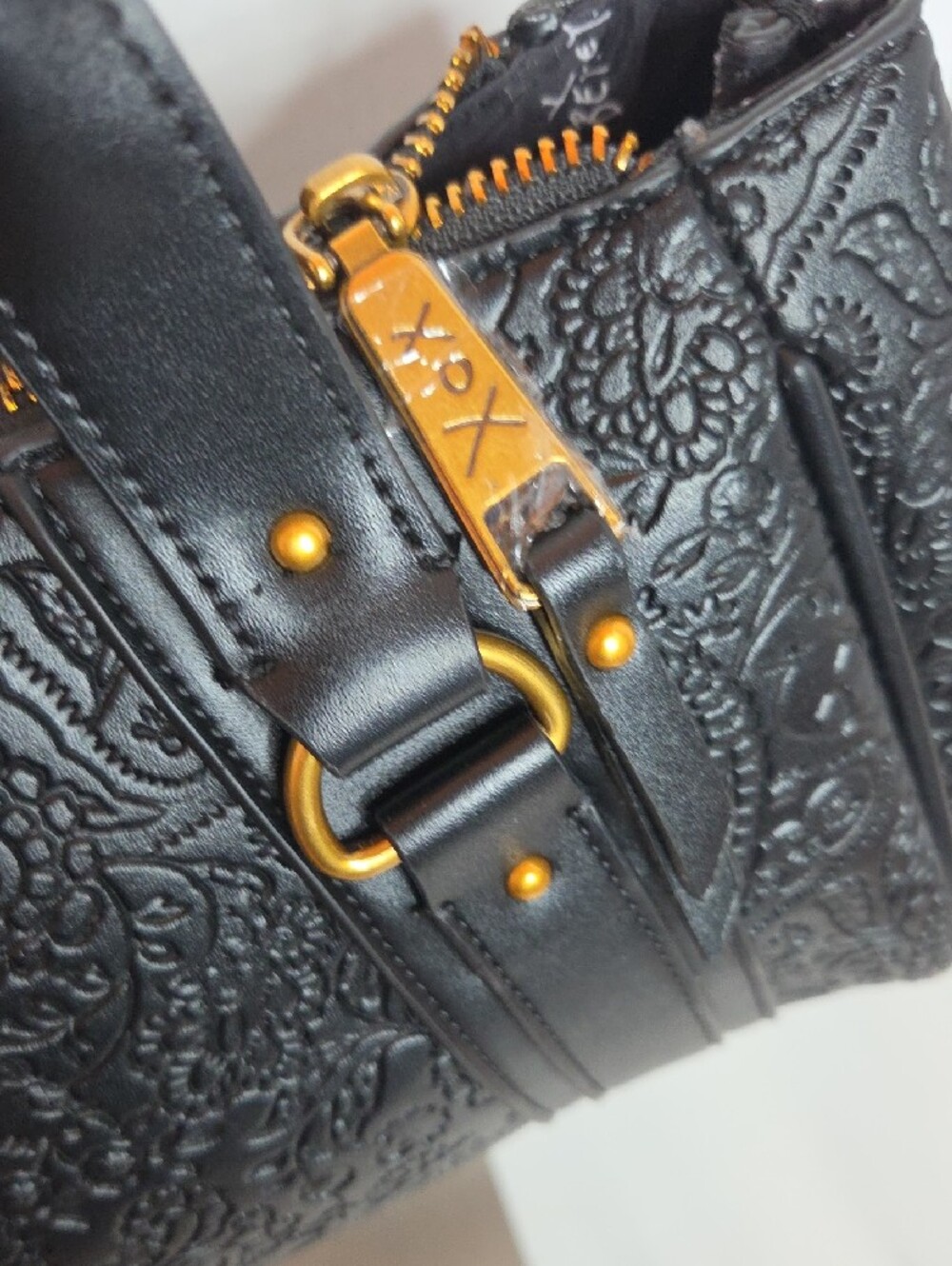 Betsey Johnson Black Embossed Barrel Shoulder Bag with Gold Skull Accent - Picture 6 of 11